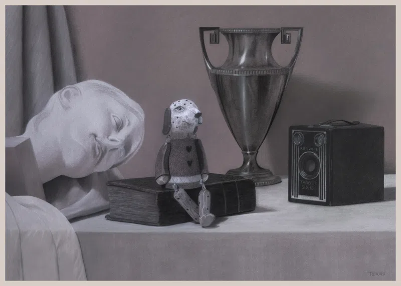 Still Life with Dog - Whimsical fine art painting blending everyday objects and canine charm by Terry L. Ernsberger