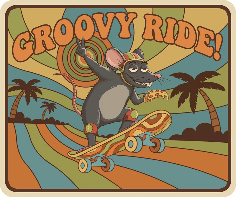 Groovy Ride: Retro-style skating rat on a skateboard