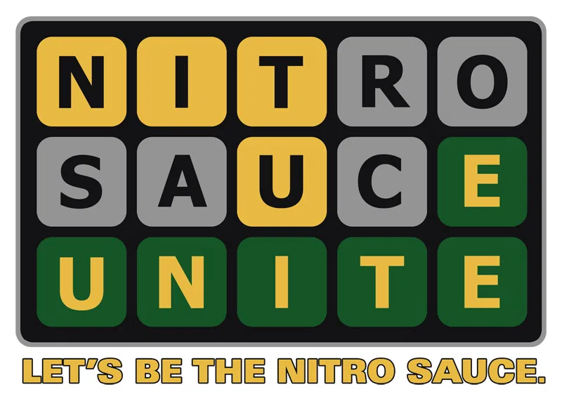 A Wordle-style grid graphic with three rows of five letters. The first row spells 'NITRO' with N, I, and T in yellow boxes and R and O in gray. The second row spells 'SAUCE' with S, A, and U in gray, C in yellow, and E in green. The third row spells 'UNITE' with all letters in green boxes except for the yellow 'T'. Below the grid, the text reads: 'LET'S BE THE NITRO SAUCE.'