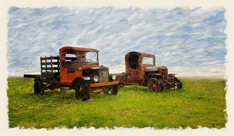 Two Old Trucks - Nostalgic vintage vehicle illustration by Terry L. Ernsberger