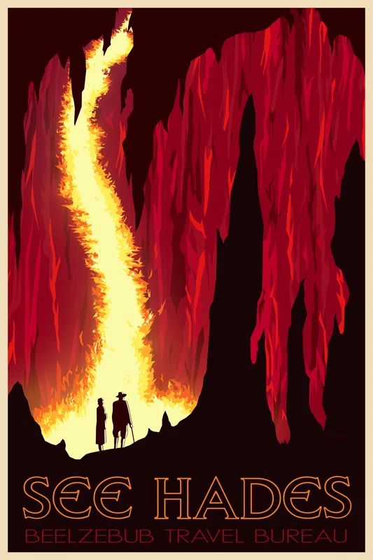 See Hades: Retro travel poster style for the underworld
