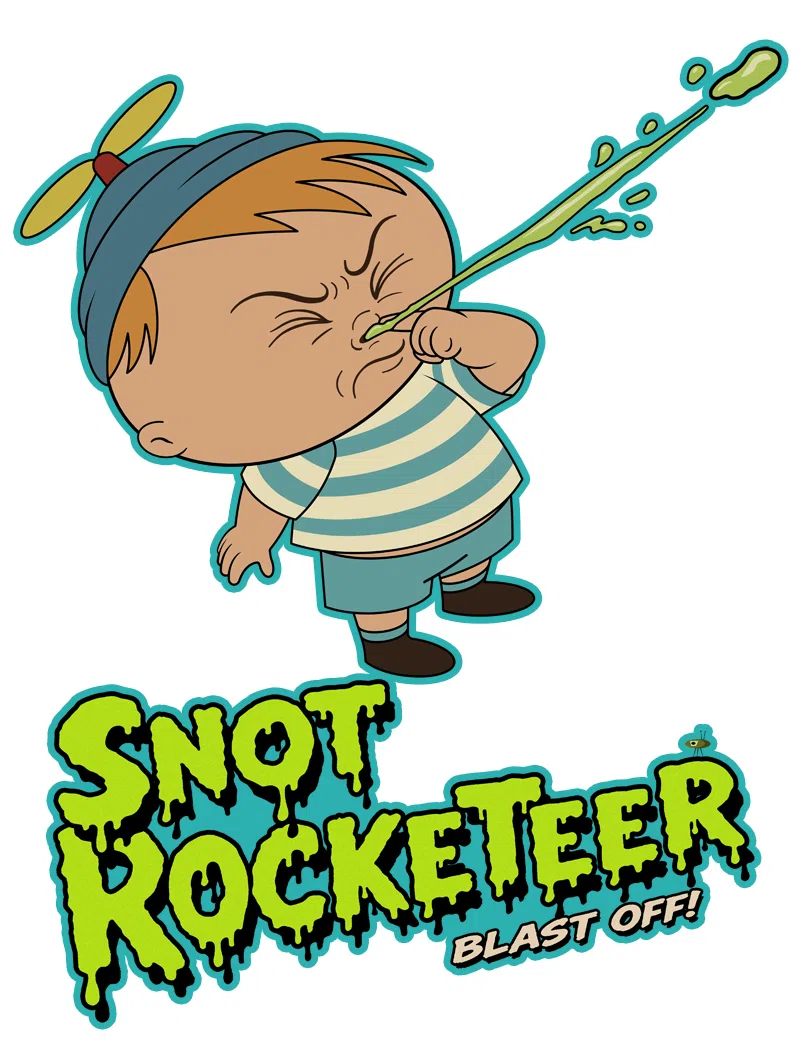 Snot Rocketeer: Whimsical sci-fi illustration of a rocket-powered sneeze