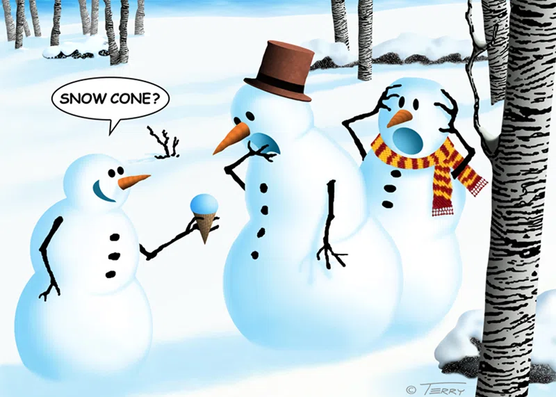 The Cannibal Snowman: Dark humor snowman eating a snow cone
