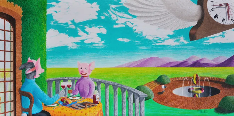 Time Flies When You're Having Fun - Surrealist artwork featuring flying clocks by Terry L. Ernsberger