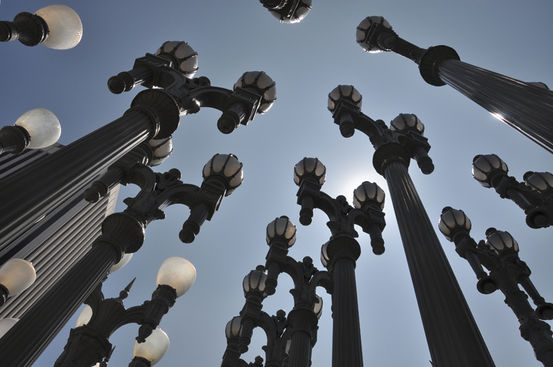 Cluster of hanging lamps creating abstract patterns